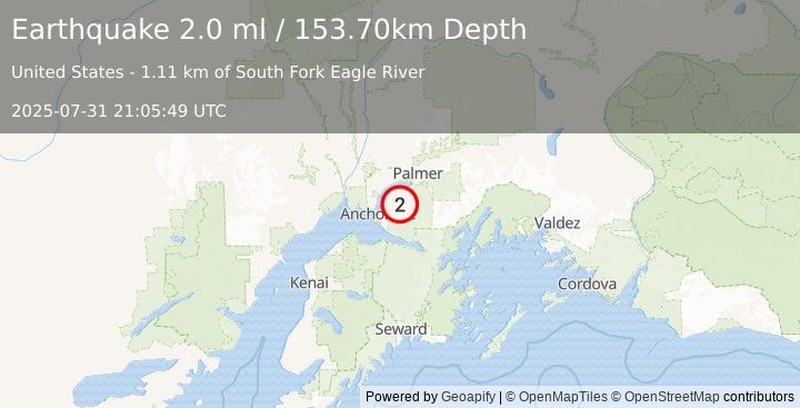 Earthquake 5 km ESE of Eagle River, Alaska (2.0 ml) (2025-07-31 21:05:49 UTC)