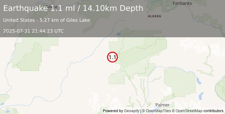 Earthquake 61 km SW of Denali National Park, Alaska (1.1 ml) (2025-07-31 21:44:23 UTC)