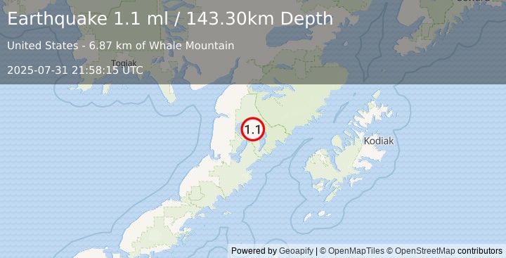 Earthquake 66 km ESE of Egegik, Alaska (1.1 ml) (2025-07-31 21:58:15 UTC)