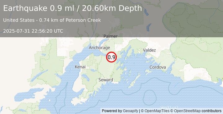 Earthquake 9 km SE of Girdwood, Alaska (0.9 ml) (2025-07-31 22:56:20 UTC)