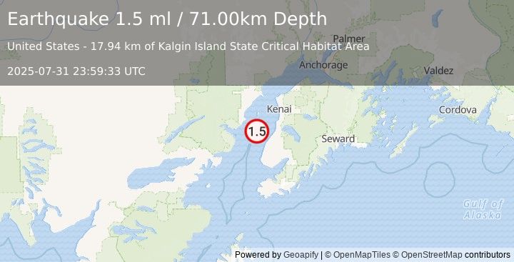 Earthquake 23 km NW of Ninilchik, Alaska (1.5 ml) (2025-07-31 23:59:33 UTC)