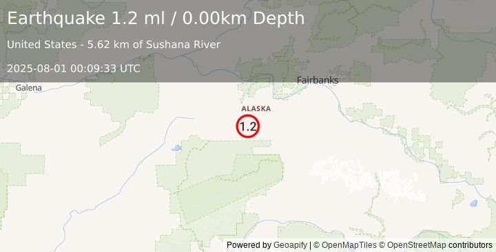 Earthquake 36 km W of Clear, Alaska (1.2 ml) (2025-08-01 00:09:33 UTC)