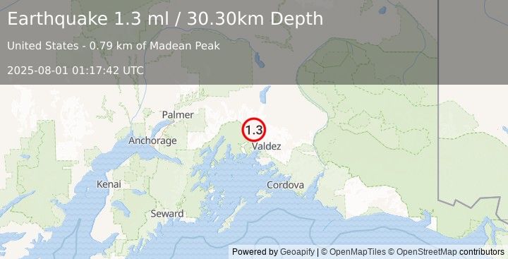 Earthquake 34 km NW of Valdez, Alaska (1.3 ml) (2025-08-01 01:17:42 UTC)