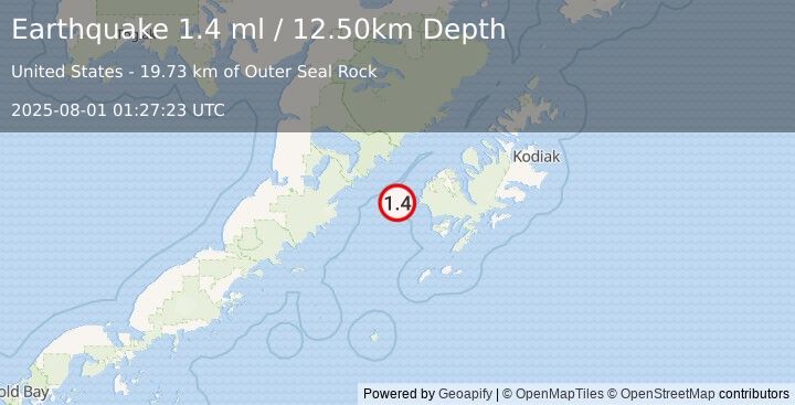 Earthquake 52 km SW of Karluk, Alaska (1.4 ml) (2025-08-01 01:27:23 UTC)
