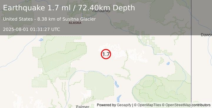 Earthquake 79 km E of Cantwell, Alaska (1.7 ml) (2025-08-01 01:31:27 UTC)