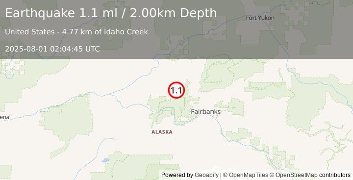 Earthquake 18 km ENE of Minto, Alaska (1.1 ml) (2025-08-01 02:04:45 UTC)