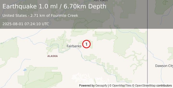 Earthquake 14 km ENE of Pleasant Valley, Alaska (1.0 ml) (2025-08-01 07:24:10 UTC)