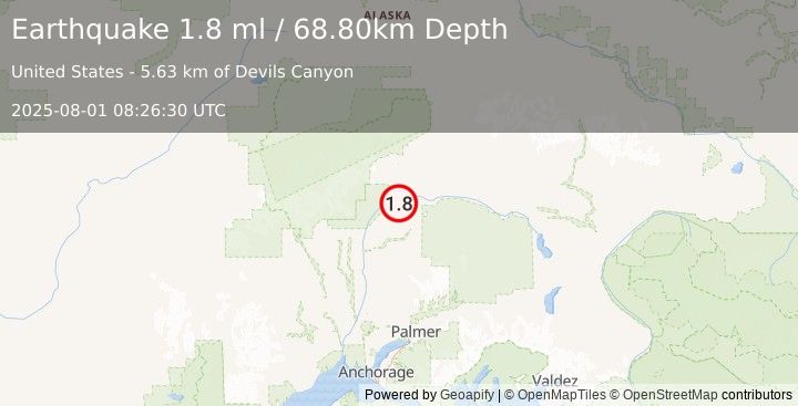 Earthquake 50 km NE of Chase, Alaska (1.8 ml) (2025-08-01 08:26:30 UTC)