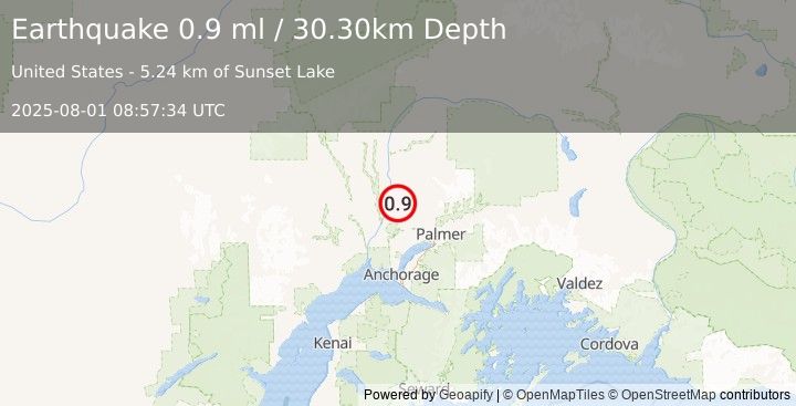 Earthquake 16 km NNE of Willow, Alaska (0.9 ml) (2025-08-01 08:57:34 UTC)