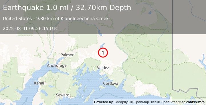 Earthquake 40 km SSE of Nelchina, Alaska (1.0 ml) (2025-08-01 09:26:15 UTC)
