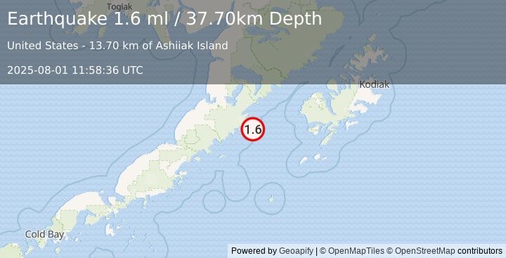 Earthquake 89 km SE of Ugashik, Alaska (1.6 ml) (2025-08-01 11:58:36 UTC)