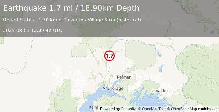 Earthquake 2 km SW of Talkeetna, Alaska (1.7 ml) (2025-08-01 12:09:42 UTC)
