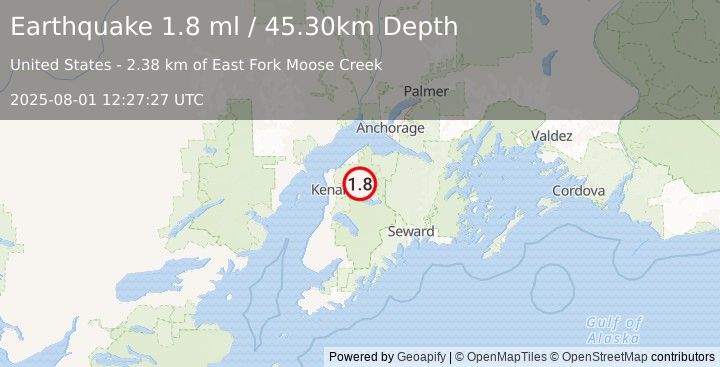Earthquake 14 km NE of Sterling, Alaska (1.8 ml) (2025-08-01 12:27:27 UTC)