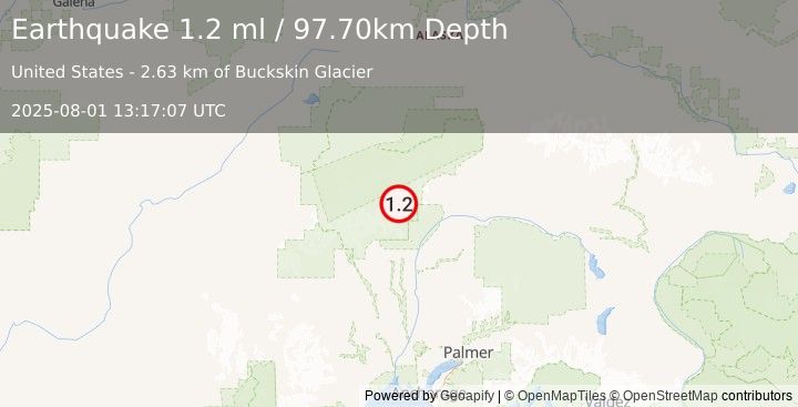 Earthquake 54 km NNE of Petersville, Alaska (1.2 ml) (2025-08-01 13:17:07 UTC)