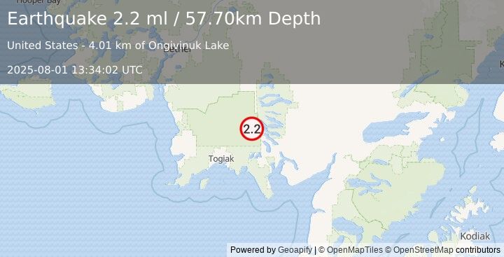 Earthquake 53 km WNW of Aleknagik, Alaska (2.2 ml) (2025-08-01 13:34:02 UTC)