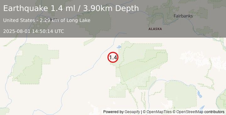 Earthquake 38 km SSW of Lake Minchumina, Alaska (1.4 ml) (2025-08-01 14:50:14 UTC)