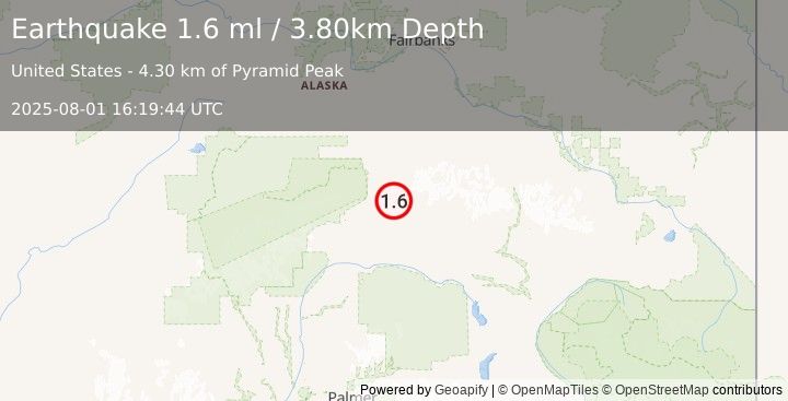 Earthquake 33 km E of Cantwell, Alaska (1.6 ml) (2025-08-01 16:19:44 UTC)