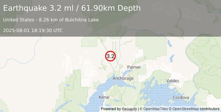 Earthquake 31 km E of Skwentna, Alaska (3.2 ml) (2025-08-01 18:19:30 UTC)