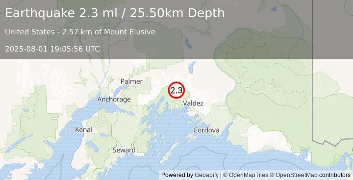 Earthquake 50 km NW of Valdez, Alaska (2.3 ml) (2025-08-01 19:05:56 UTC)