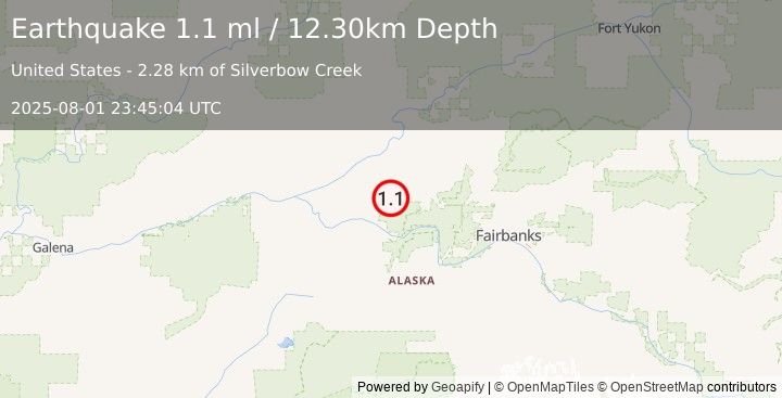 Earthquake 30 km ENE of Manley Hot Springs, Alaska (1.1 ml) (2025-08-01 23:45:04 UTC)