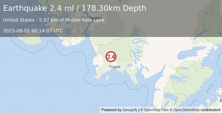Earthquake 43 km NNW of Togiak, Alaska (2.4 ml) (2025-08-02 00:14:07 UTC)