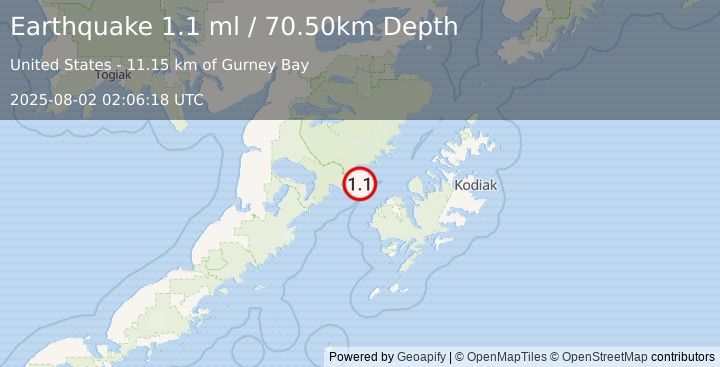 Earthquake 39 km NW of Karluk, Alaska (1.1 ml) (2025-08-02 02:06:18 UTC)