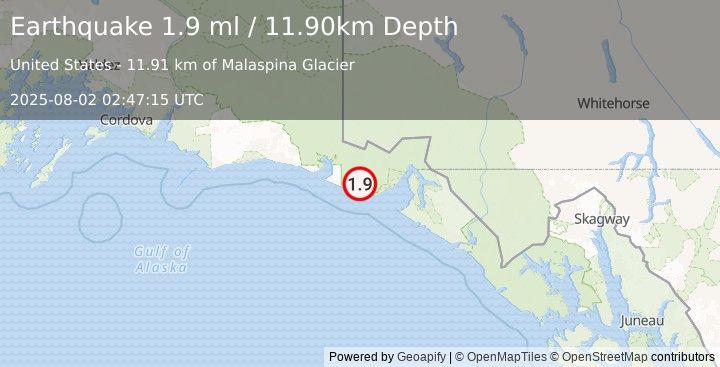 Earthquake 60 km WNW of Yakutat, Alaska (1.9 ml) (2025-08-02 02:47:15 UTC)