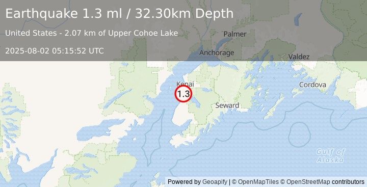 Earthquake 2 km SSW of Cohoe, Alaska (1.3 ml) (2025-08-02 05:15:52 UTC)