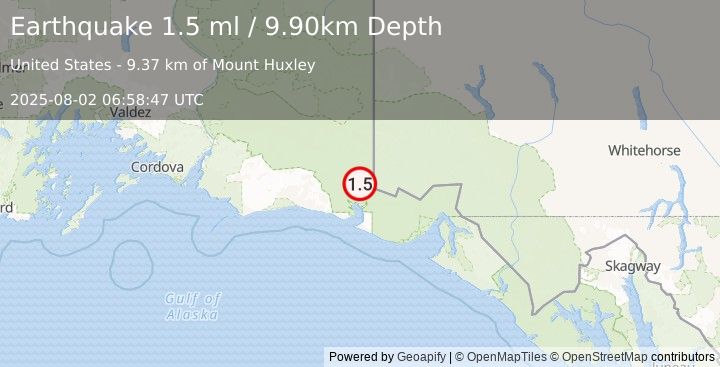Earthquake 126 km NW of Yakutat, Alaska (1.5 ml) (2025-08-02 06:58:47 UTC)