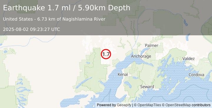 Earthquake 77 km WNW of Tyonek, Alaska (1.7 ml) (2025-08-02 09:23:27 UTC)