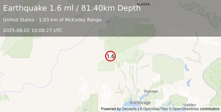 Earthquake 71 km WNW of Petersville, Alaska (1.6 ml) (2025-08-02 10:08:27 UTC)