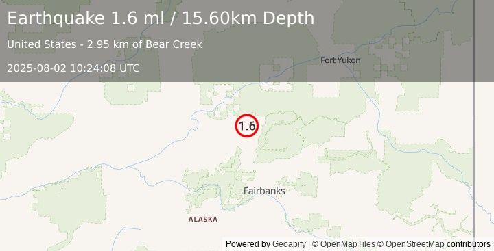 Earthquake 24 km NNE of Livengood, Alaska (1.6 ml) (2025-08-02 10:24:08 UTC)