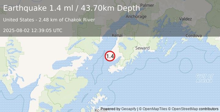 Earthquake 4 km NE of Anchor Point, Alaska (1.4 ml) (2025-08-02 12:39:05 UTC)