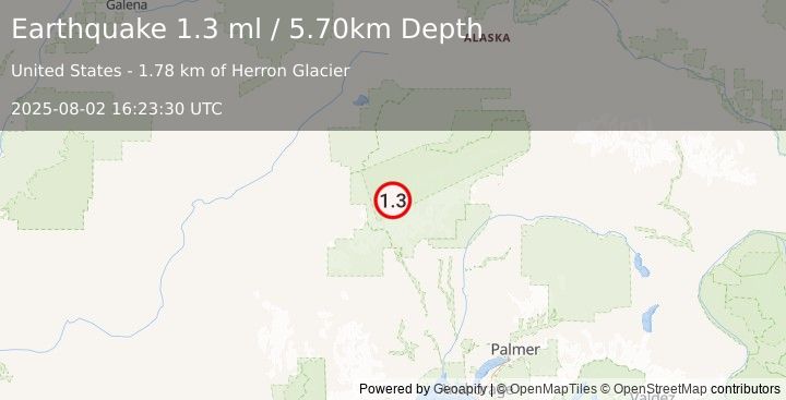 Earthquake 61 km S of Denali National Park, Alaska (1.3 ml) (2025-08-02 16:23:30 UTC)