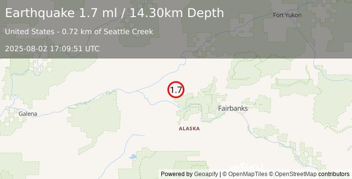 Earthquake 27 km NE of Manley Hot Springs, Alaska (1.7 ml) (2025-08-02 17:09:51 UTC)
