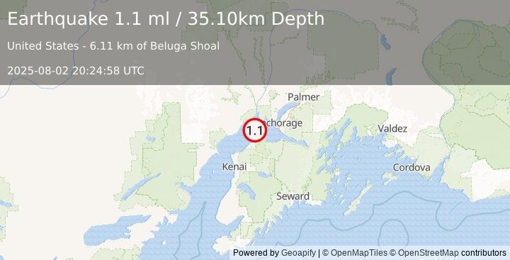 Earthquake 20 km N of Point Possession, Alaska (1.1 ml) (2025-08-02 20:24:58 UTC)