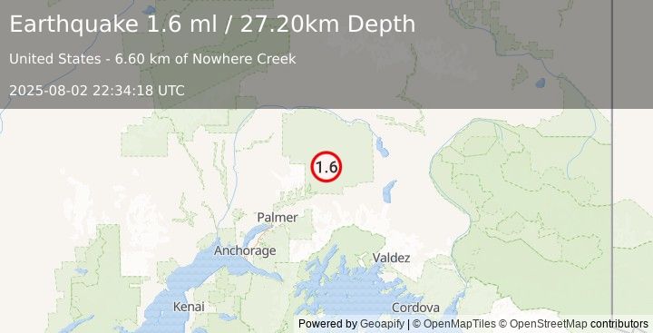 Earthquake 43 km NNW of Glacier View, Alaska (1.6 ml) (2025-08-02 22:34:18 UTC)