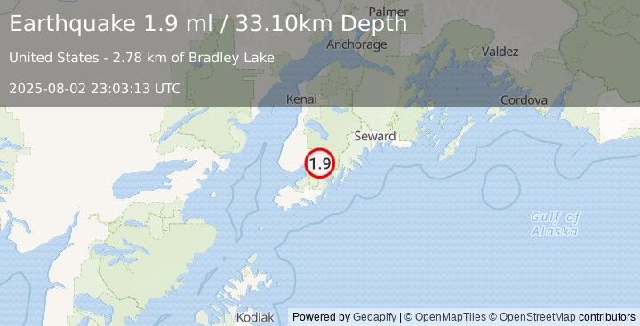 Earthquake 13 km SE of Fox River, Alaska (1.9 ml) (2025-08-02 23:03:13 UTC)