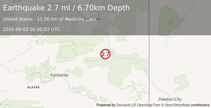 Earthquake 26 km ESE of Central, Alaska (2.7 ml) (2025-08-03 00:00:03 UTC)