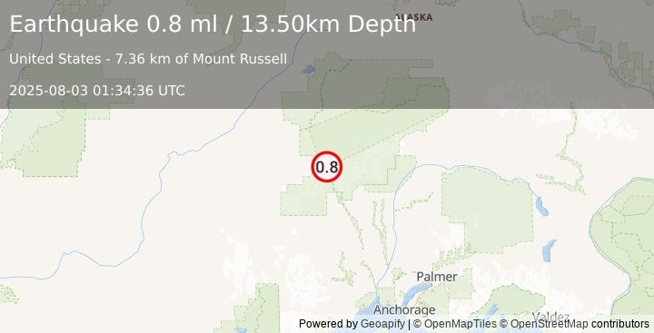 Earthquake 63 km NW of Petersville, Alaska (0.8 ml) (2025-08-03 01:34:36 UTC)