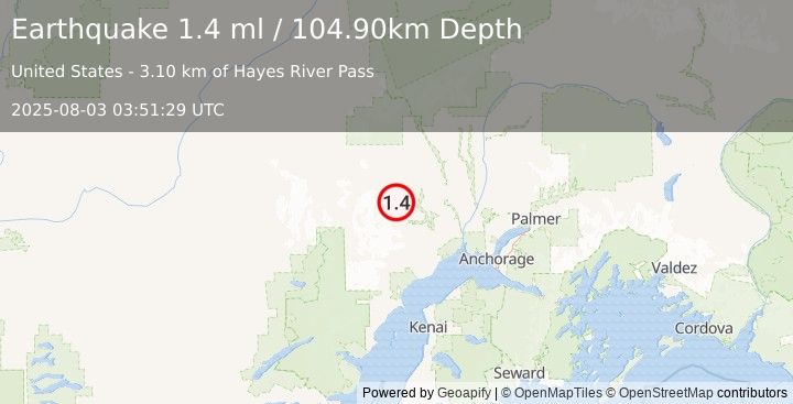 Earthquake 36 km SW of Skwentna, Alaska (1.4 ml) (2025-08-03 03:51:29 UTC)
