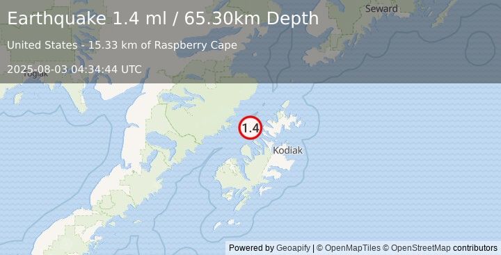 Earthquake 41 km WNW of Aleneva, Alaska (1.4 ml) (2025-08-03 04:34:44 UTC)