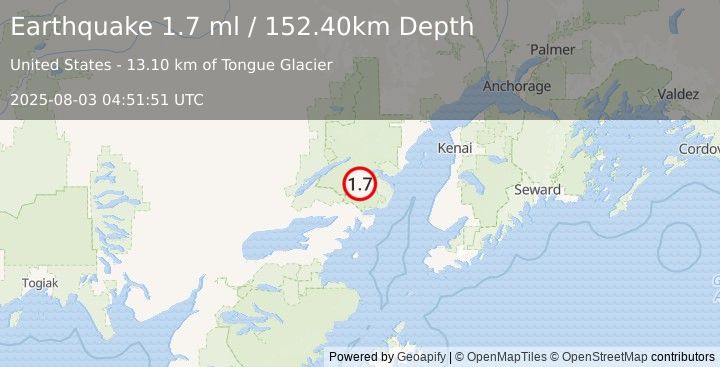 Earthquake 54 km E of Port Alsworth, Alaska (1.7 ml) (2025-08-03 04:51:51 UTC)