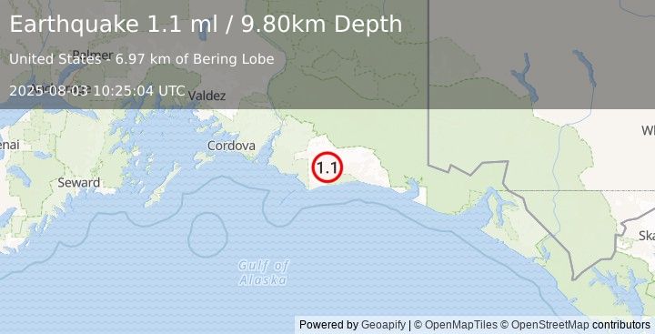 Earthquake 131 km SSW of McCarthy, Alaska (1.1 ml) (2025-08-03 10:25:04 UTC)