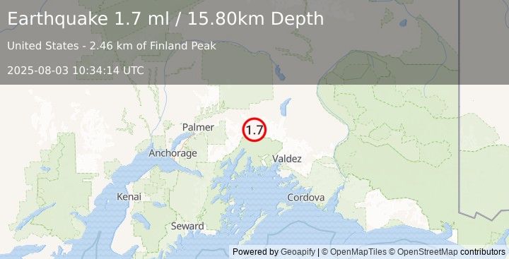 Earthquake 31 km SSE of Glacier View, Alaska (1.7 ml) (2025-08-03 10:34:14 UTC)