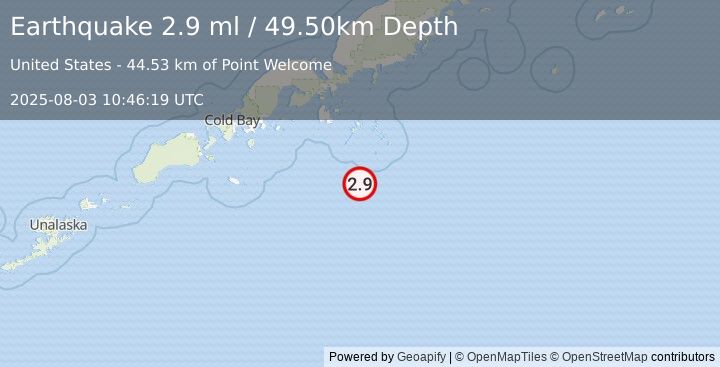 Earthquake 110 km SSE of Sand Point, Alaska (2.9 ml) (2025-08-03 10:46:19 UTC)