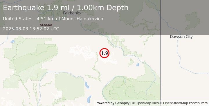 Earthquake 33 km WSW of Dry Creek, Alaska (1.9 ml) (2025-08-03 13:52:02 UTC)