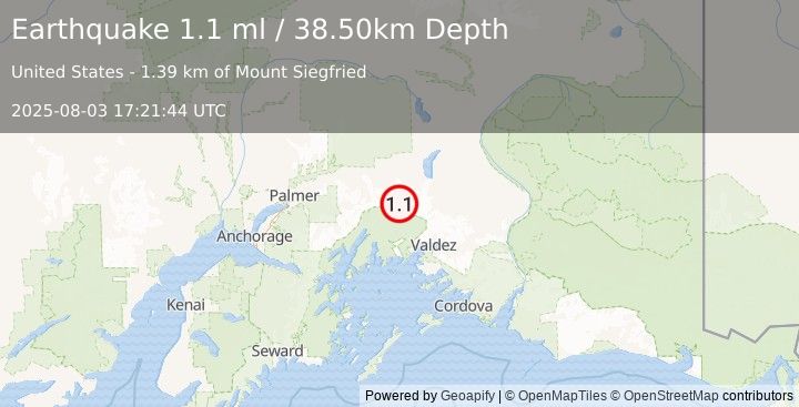 Earthquake 46 km SE of Glacier View, Alaska (1.1 ml) (2025-08-03 17:21:44 UTC)