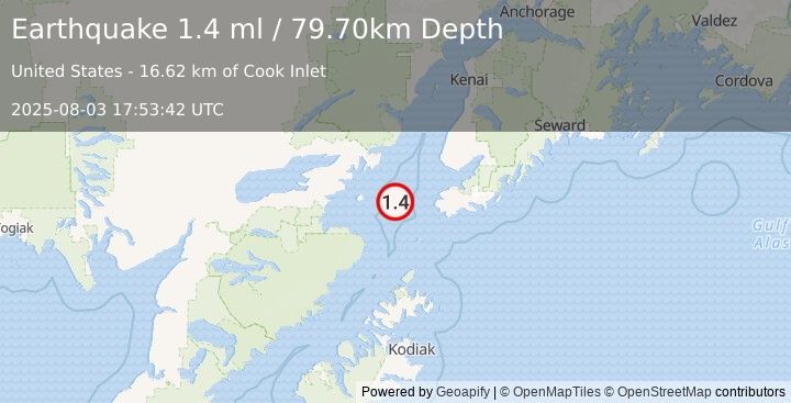 Earthquake 46 km W of Nanwalek, Alaska (1.4 ml) (2025-08-03 17:53:42 UTC)