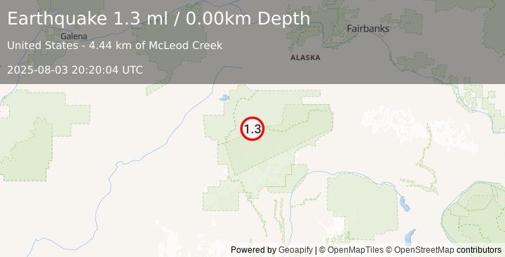 Earthquake 21 km ESE of Denali National Park, Alaska (1.3 ml) (2025-08-03 20:20:04 UTC)